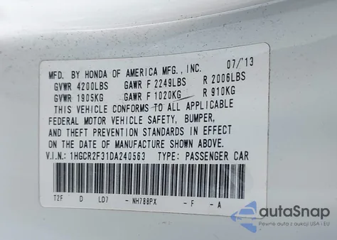 2013 Honda Accord Lx из США, поврежденный, VIN 1HGCR2F31DA240563